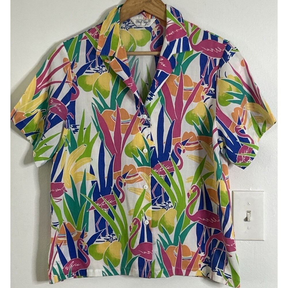 80s Vintage Cheryl Tiegs Hawaiian Blouse Golden Girls Short Sleeve Flamingo 14